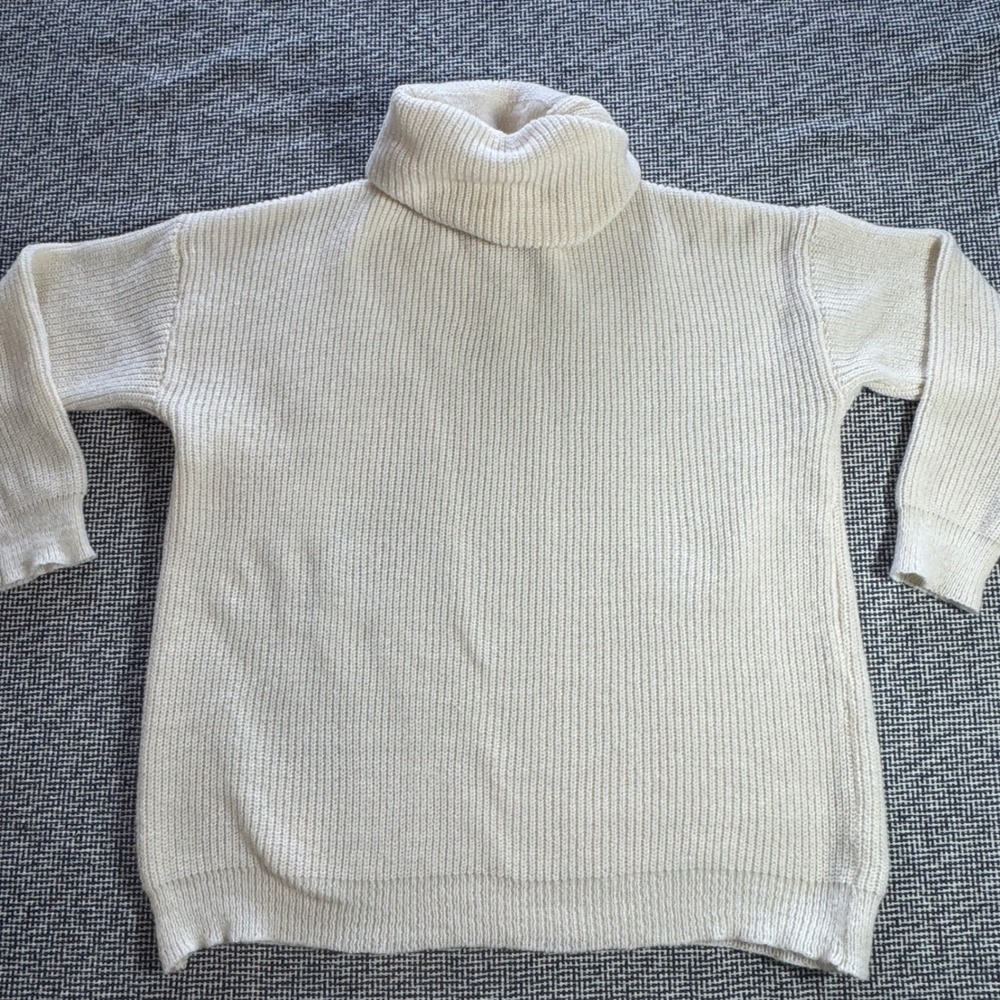 Cream Ribbed Turtleneck Sweater Womens XL Oversized Chunky Knit Pullover